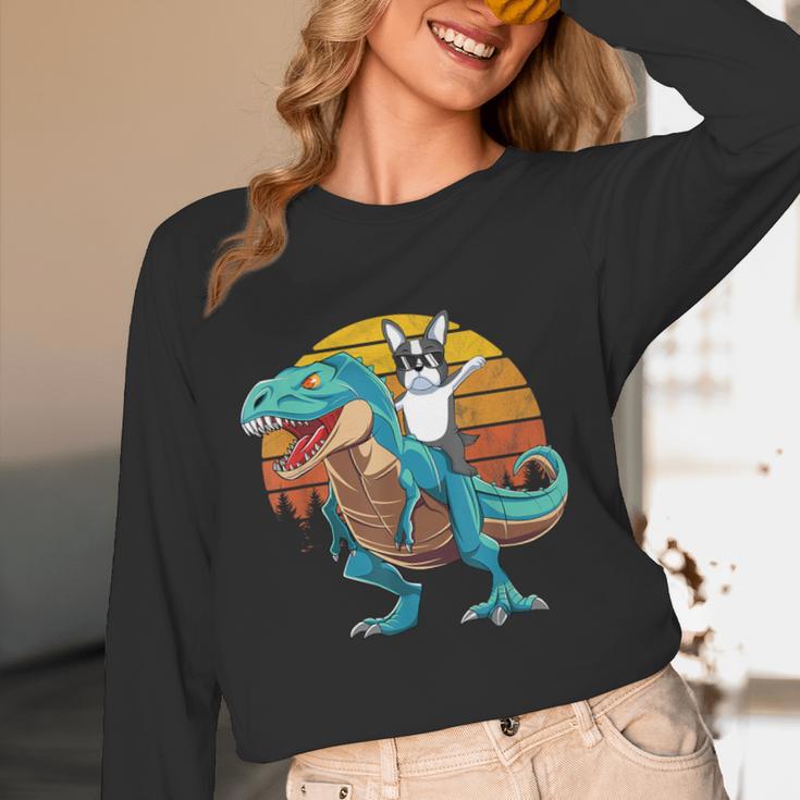 Boston Terrier Dog Riding Dinosaur T Rex Boys Women Long Sleeve T-Shirt, novelty gifts, funny gifts