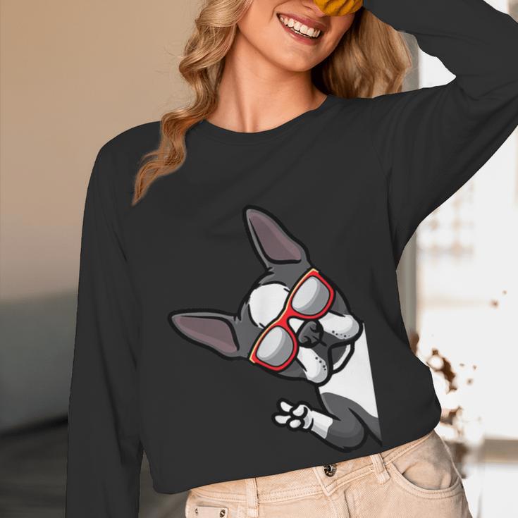 Boston Terrier Dog From Side Boston Bull Women Long Sleeve T-Shirt, novelty gifts, funny gifts