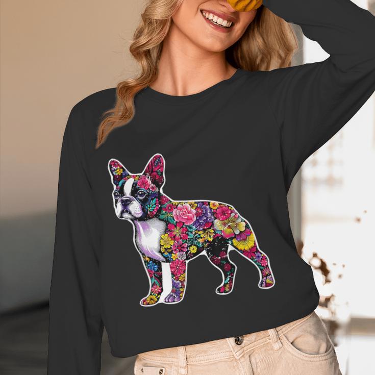 Boston Terrier Floral Dog Lover Vintage Distressed For Men Women Kids Women Long Sleeve T-Shirt, novelty gifts, funny gifts