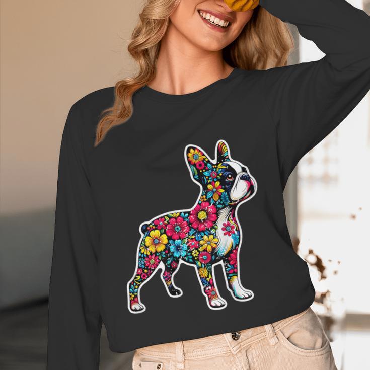 Boston Terrier Floral Vintage Dog Mom Distressed Men Women Kids Women Long Sleeve T-Shirt, novelty gifts, funny gifts