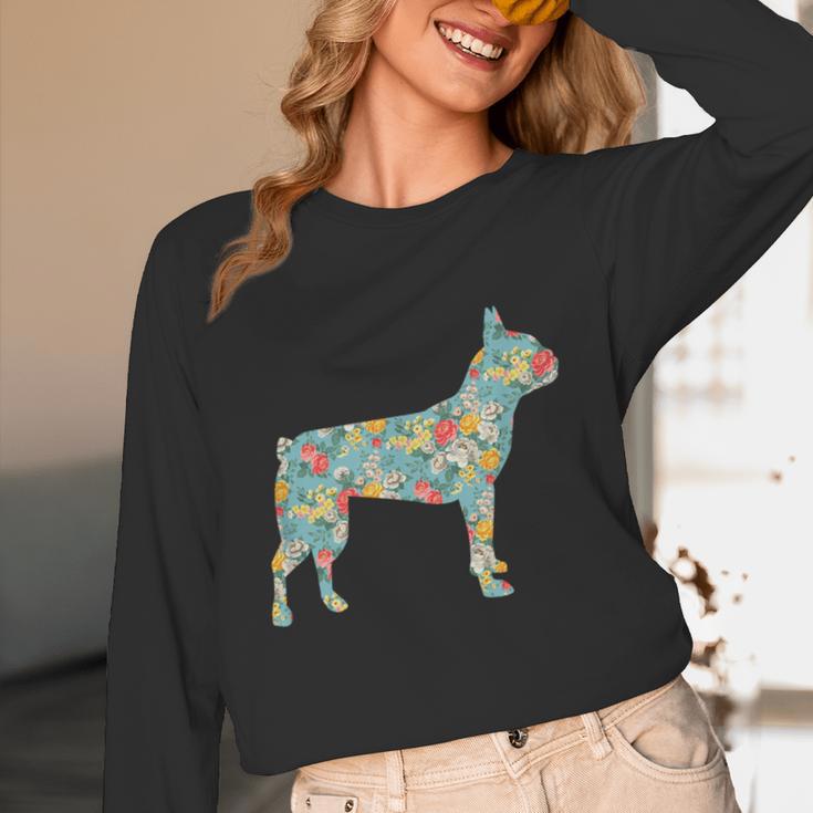 Boston Terrier Flower Silhouette Floral Dog Men Women Girls Kids Women Long Sleeve T-Shirt, novelty gifts, funny gifts