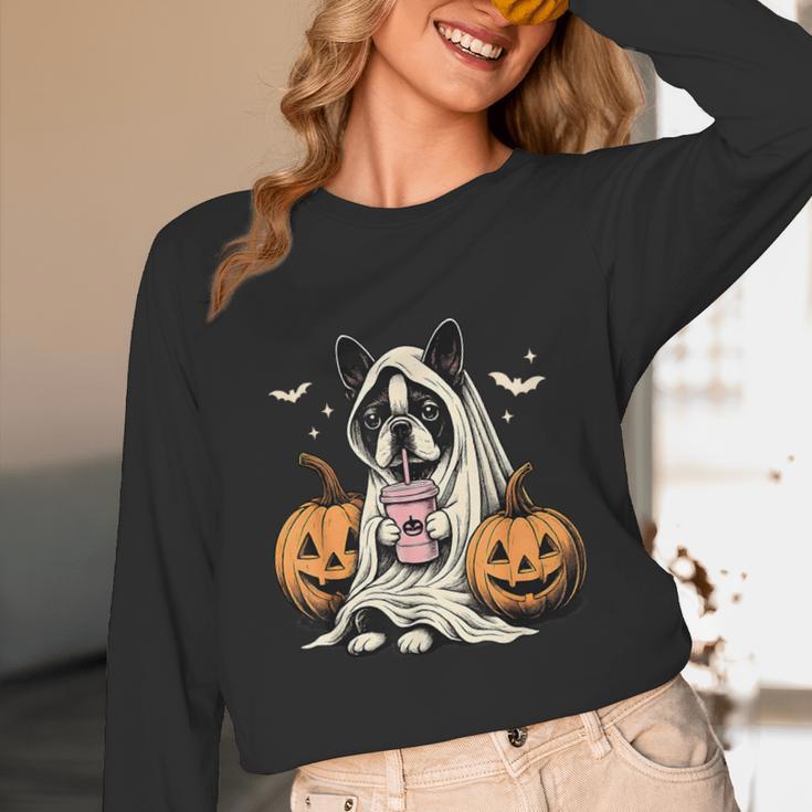 Boston Terrier Ghost Boo Halloween Costume Spooky Season Women Long Sleeve T-Shirt, novelty gifts, funny gifts