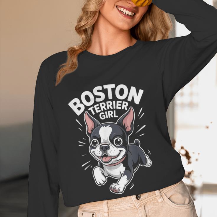Boston Terrier Girl Cute Cartoon For Dog Owners Pet Terrier Women Long Sleeve T-Shirt, novelty gifts, funny gifts