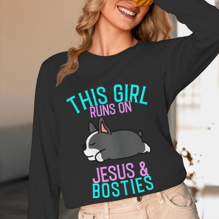 Boston Terrier This Girl Runs On Jesus And Boston Terriers Women Long Sleeve T-Shirt, novelty gifts, funny gifts