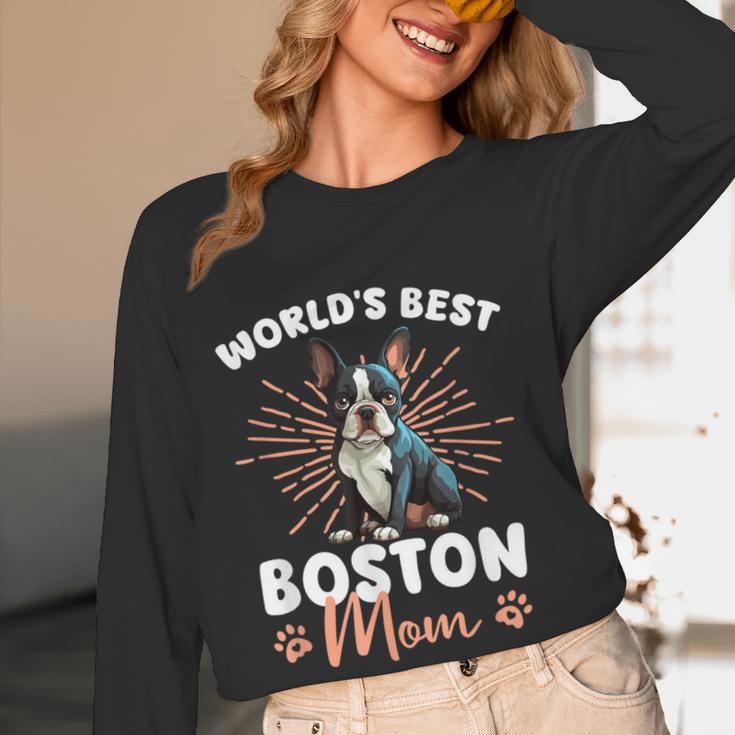 Boston Terrier Groovy World's Best Boston Mom Women Long Sleeve T-Shirt, novelty gifts, funny gifts