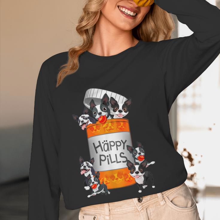 Boston Terrier Happy Pills T-Shirt Women Long Sleeve T-Shirt, novelty gifts, funny gifts