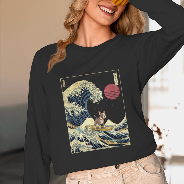 Boston Terrier Japanese Kanagawa Wave Surf Dog Women Long Sleeve T-Shirt, novelty gifts, funny gifts