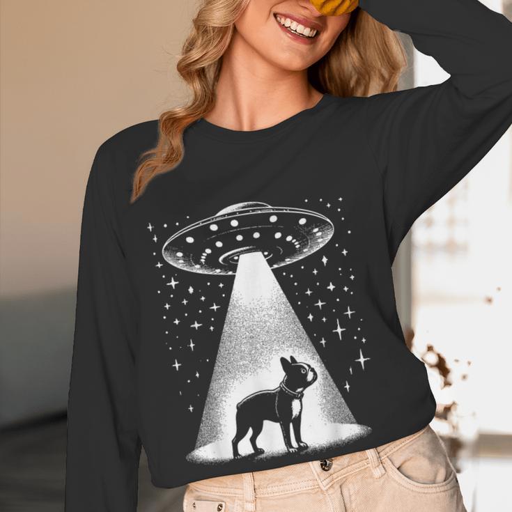 Boston Terrier Mom Dad Dog Alien UFO For Men Women Women Long Sleeve T-Shirt, novelty gifts, funny gifts