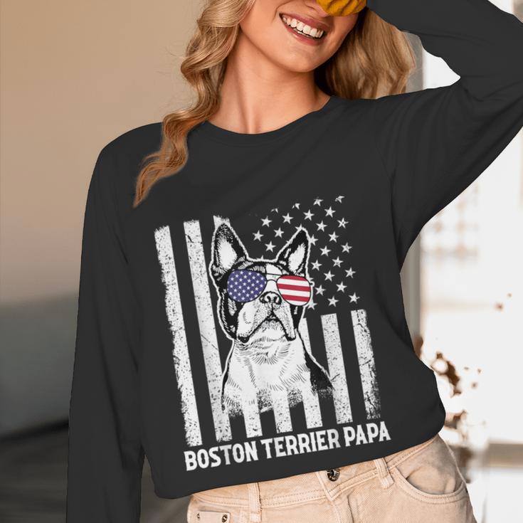 Boston Terrier Papa Cool Dog Lover USA American Flag Men Women Women Long Sleeve T-Shirt, novelty gifts, funny gifts