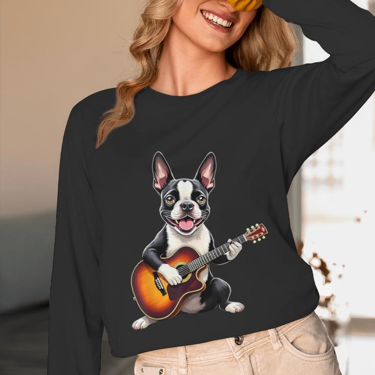 Boston Terrier Playing Guitar Boston Terrier Women Long Sleeve T-Shirt, novelty gifts, funny gifts