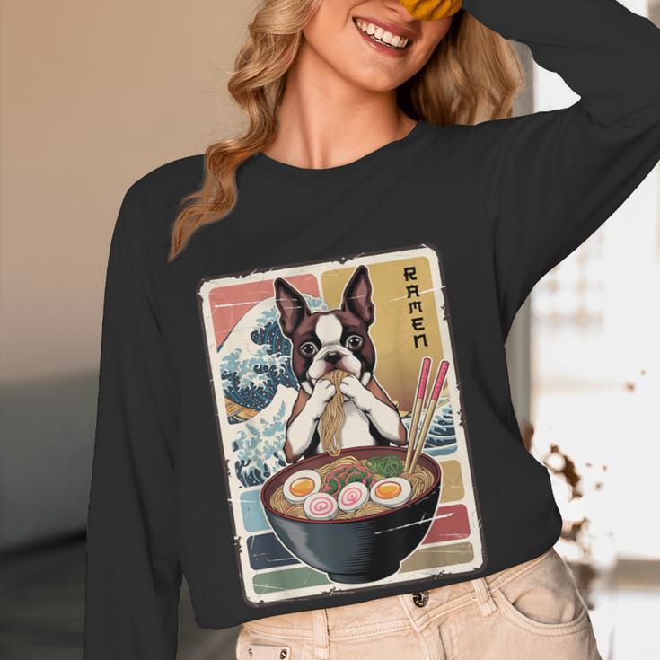 Boston Terrier Ramen Noodles Japanese Art Retro Ocean Waves Women Long Sleeve T-Shirt, novelty gifts, funny gifts