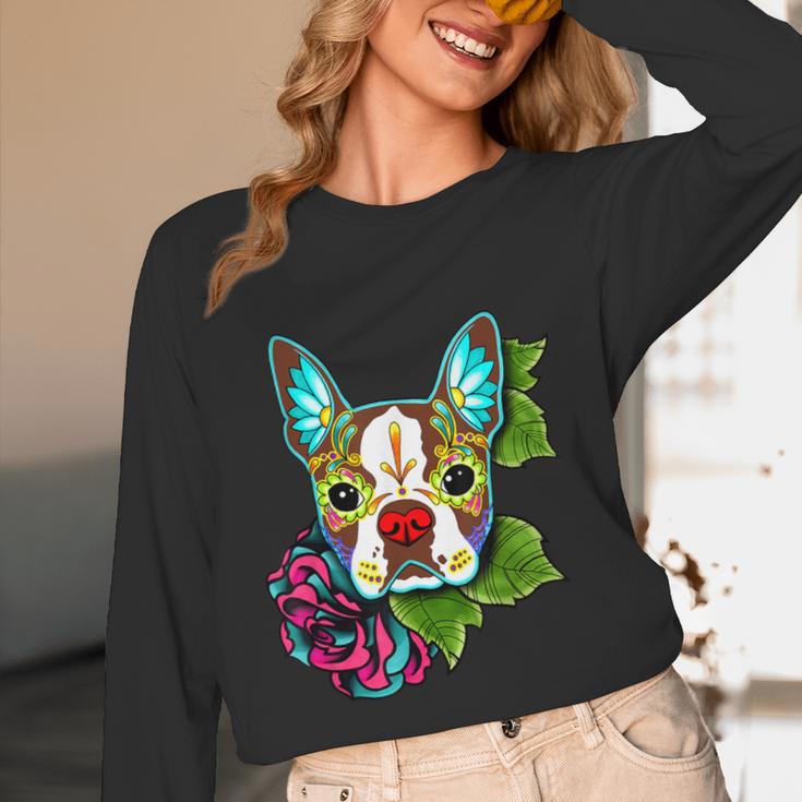 Boston Terrier In Red Day Of The Dead Sugar Skull Dog Women Long Sleeve T-Shirt, novelty gifts, funny gifts