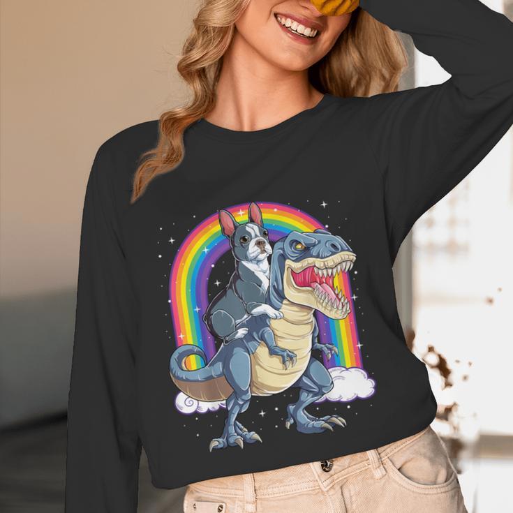 Boston Terrier Riding Dinosaur T-Rex Boys Kids Rainbow Women Long Sleeve T-Shirt, novelty gifts, funny gifts
