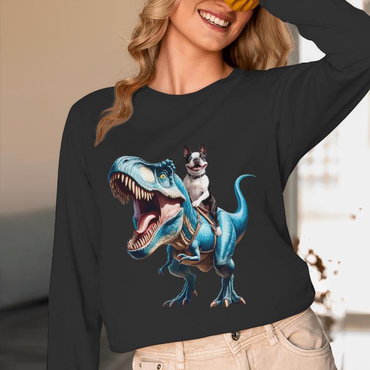 Boston Terrier Riding T-Rex Dinosaur Dog Lover Women Long Sleeve T-Shirt, novelty gifts, funny gifts