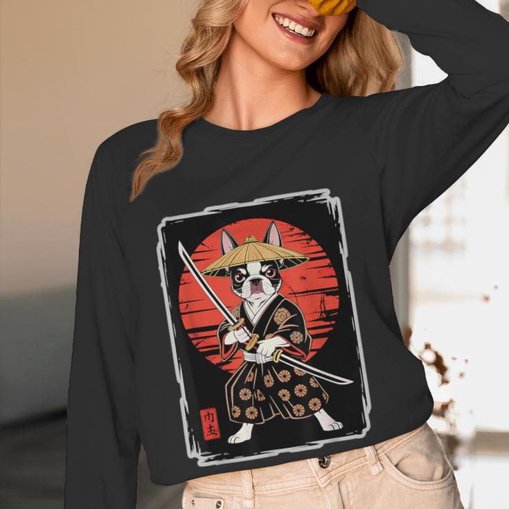 Boston Terrier Samurai Ninja Vintage Anime Japanese Ukiyo-e Women Long Sleeve T-Shirt, novelty gifts, funny gifts