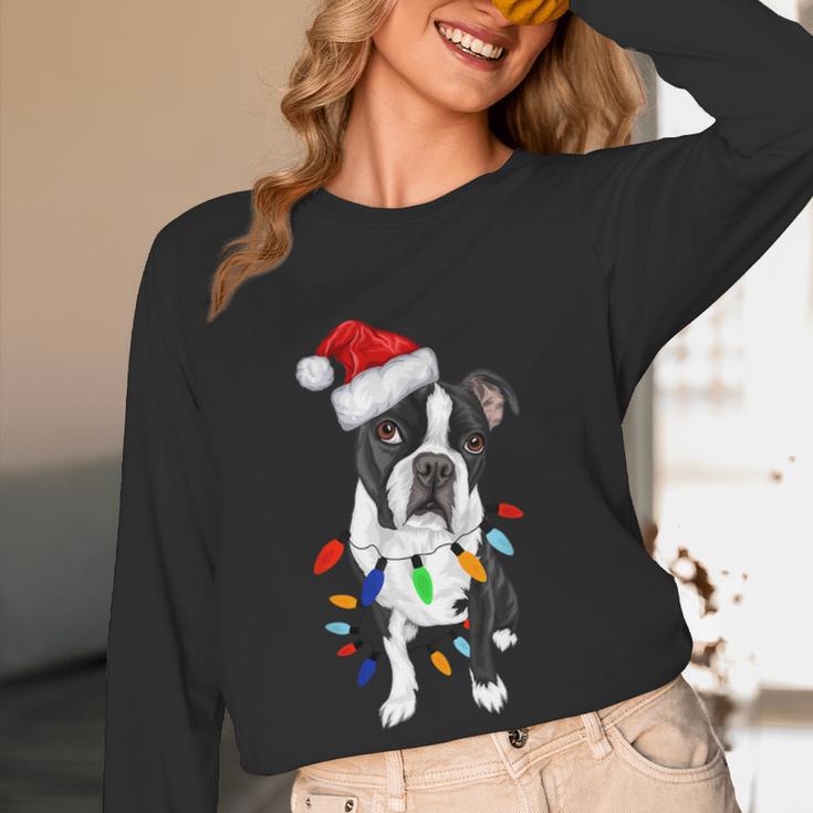 Boston Terrier Santa Christmas Lights Xmas Dog Lover Men Women Kids Women Long Sleeve T-Shirt, novelty gifts, funny gifts