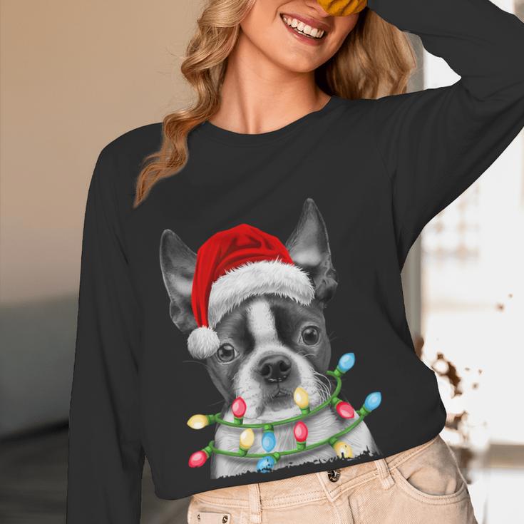 Boston Terrier Santa Christmas Tree Lights Xmas Boys Men Dog Women Long Sleeve T-Shirt, novelty gifts, funny gifts