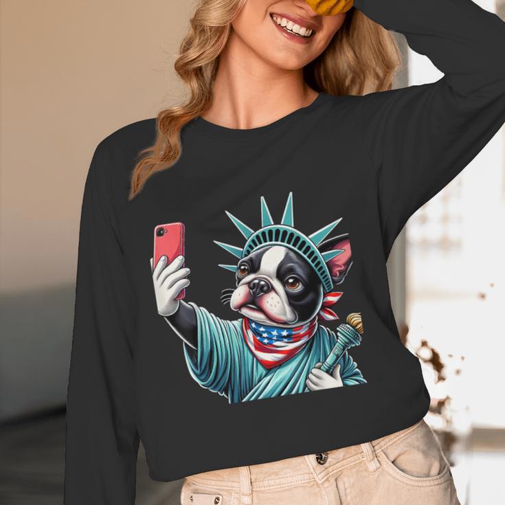 Boston Terrier Selfie Statue Of Liberty 4th Of July American Women Long Sleeve T-Shirt, novelty gifts, funny gifts