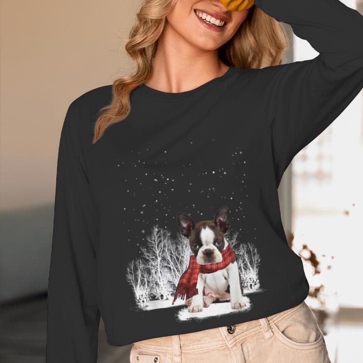 Boston Terrier In The Snow Merry Christmas Winter Women Long Sleeve T-Shirt, novelty gifts, funny gifts