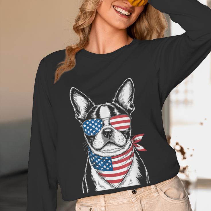 Boston Terrier USA Flag Sunglasses Patriotic 4th Of July Women Long Sleeve T-Shirt, novelty gifts, funny gifts