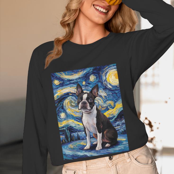 Boston Terrier Van Gogh Starry Night Women Long Sleeve T-Shirt, novelty gifts, funny gifts