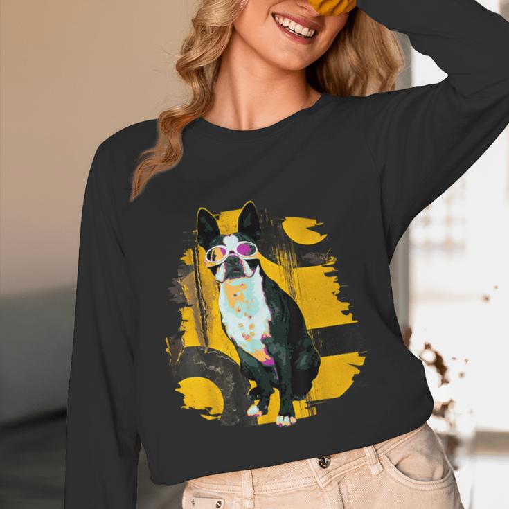 Boston Terrier s Mid-Century Modern Art s Street Grunge Women Long Sleeve T-Shirt, novelty gifts, funny gifts