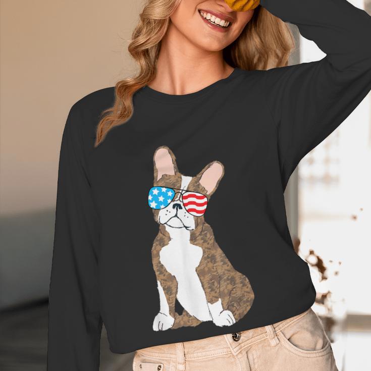 Brindle Boston Terrier Dog Patriotic Shirt USA Flag Women Long Sleeve T-Shirt, novelty gifts, funny gifts