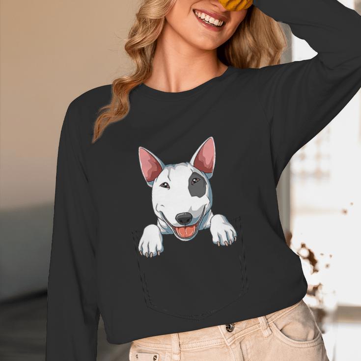 Bull Terrier Pocket Bull Terrier Peeking Out Pocket Women Long Sleeve T-Shirt, novelty gifts, funny gifts