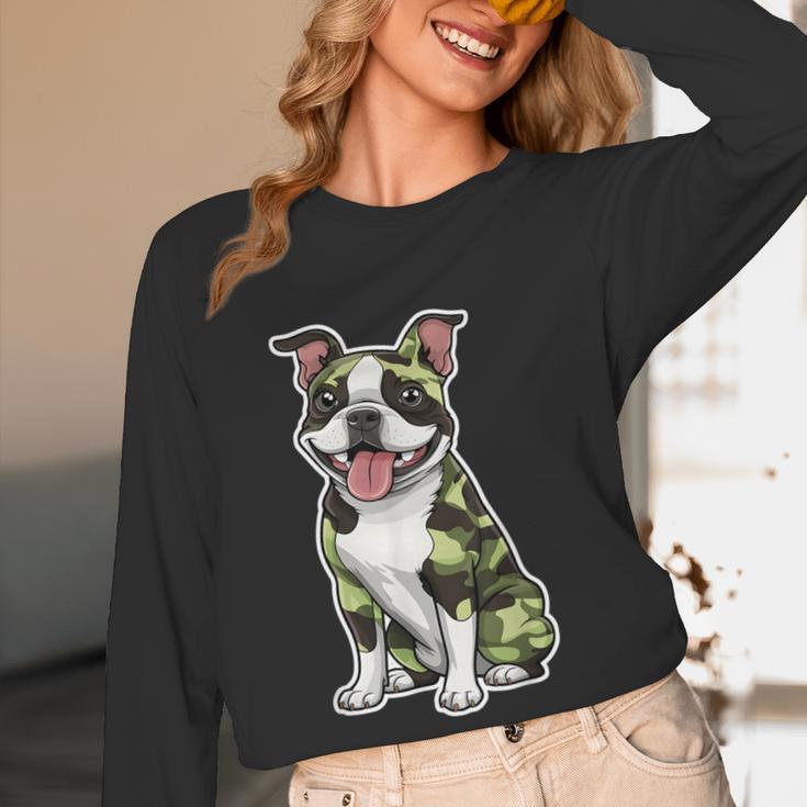 Camo Boston Terrier Pet Owner Camouflage Dog Lover Women Long Sleeve T-Shirt, novelty gifts, funny gifts