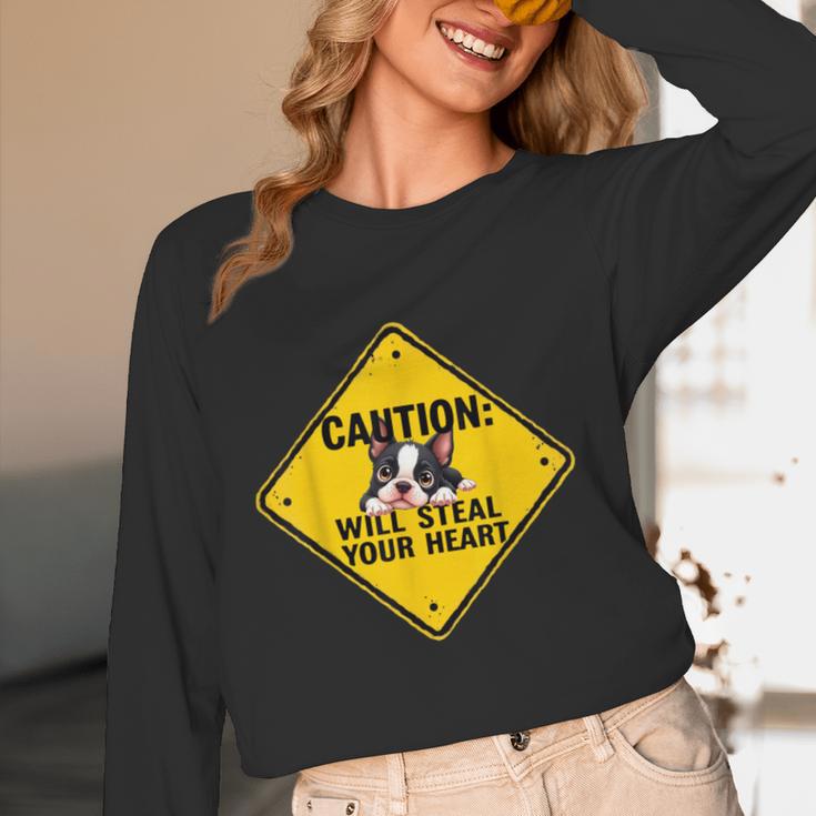 Caution Sign Boston Terrier Dog Bostie Puppy Women Long Sleeve T-Shirt, novelty gifts, funny gifts