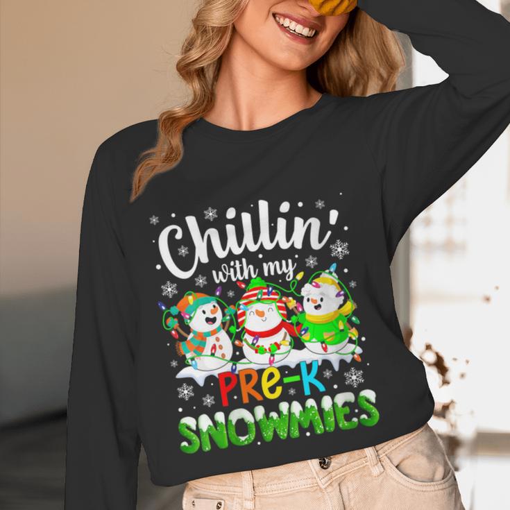 Chillin With My Pre-K Snowmies Christmas Teacher Xmas Women Long Sleeve T-Shirt, novelty gifts, funny gifts