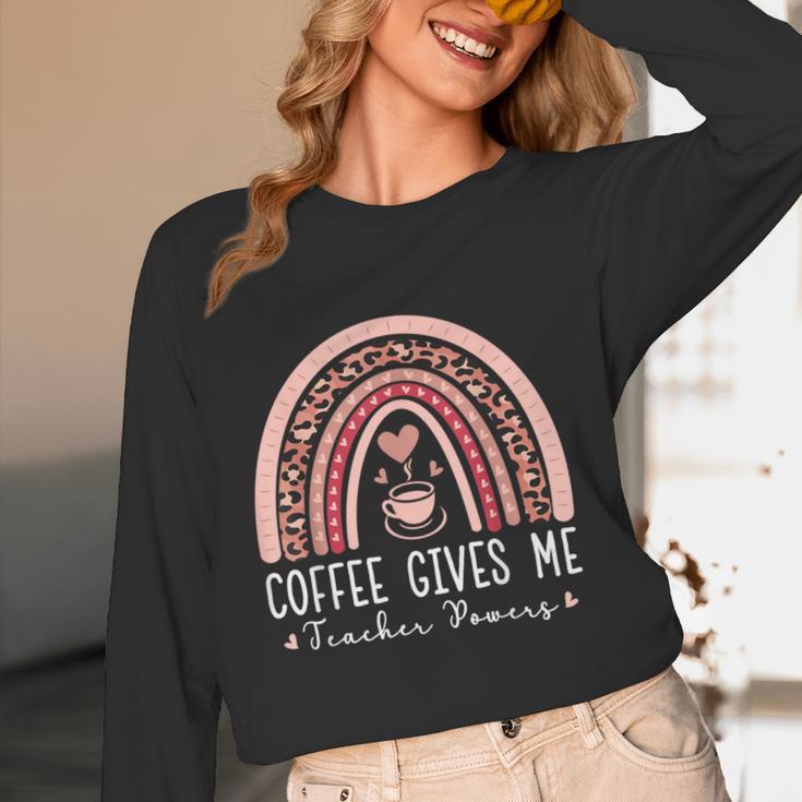Coffee Gives Me Teacher Powers Leopard Rainbow Teacher Women Long Sleeve T-Shirt, novelty gifts, funny gifts