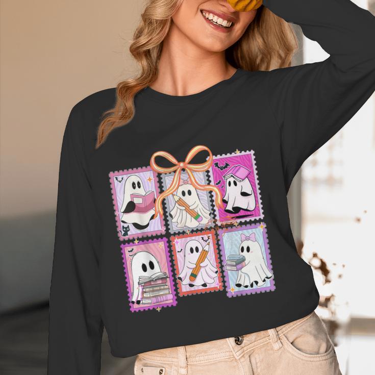 Coquette Bow Spooky Teacher Ghost Halloween Trick Or Teach Women Long Sleeve T-Shirt, novelty gifts, funny gifts Coquette Bow Spooky Teacher Ghost Halloween Trick Or Teach Women Long Sleeve T-Shirt, novelty gifts, funny gifts