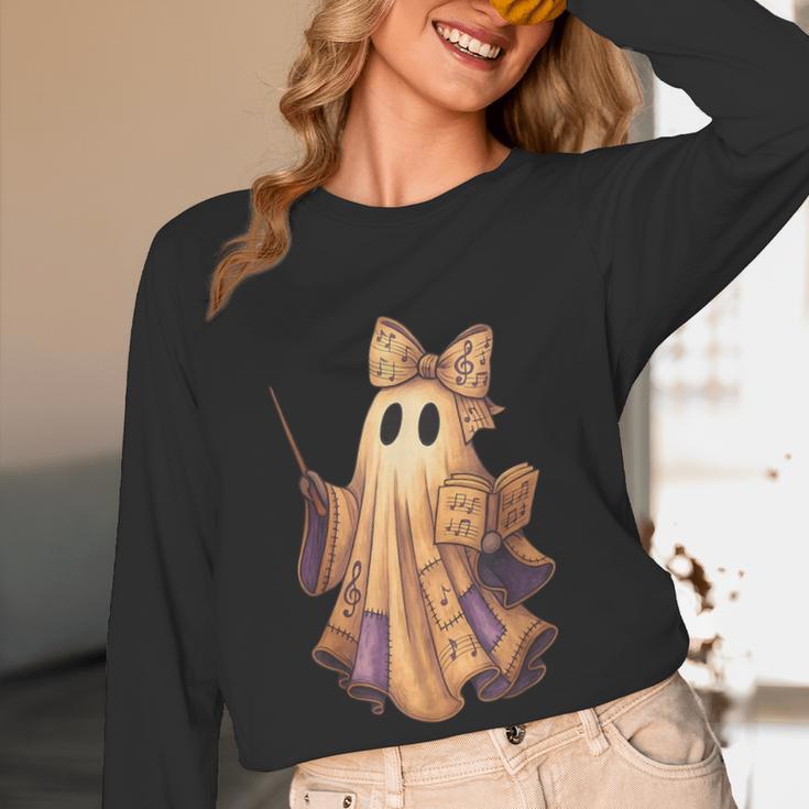 Coquette Music Note Patchwork Ghost Music Teacher Halloween Women Long Sleeve T-Shirt, novelty gifts, funny gifts