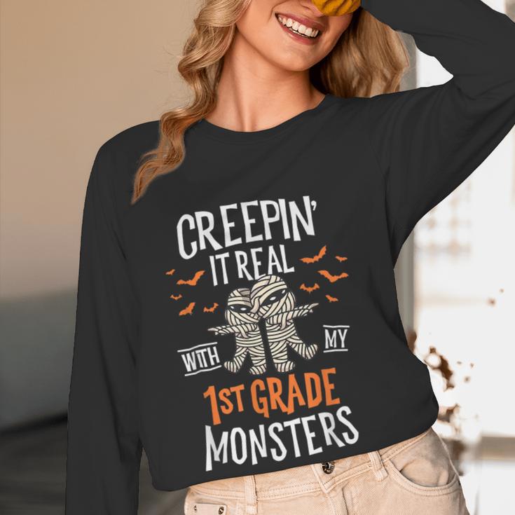 Creepin It Real With My 1st Grade Monsters Halloween Teacher Women Long Sleeve T-Shirt, novelty gifts, funny gifts