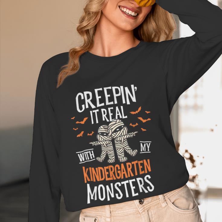 Creepin It Real Kindergarten Monsters Halloween Teacher Women Long Sleeve T-Shirt, novelty gifts, funny gifts