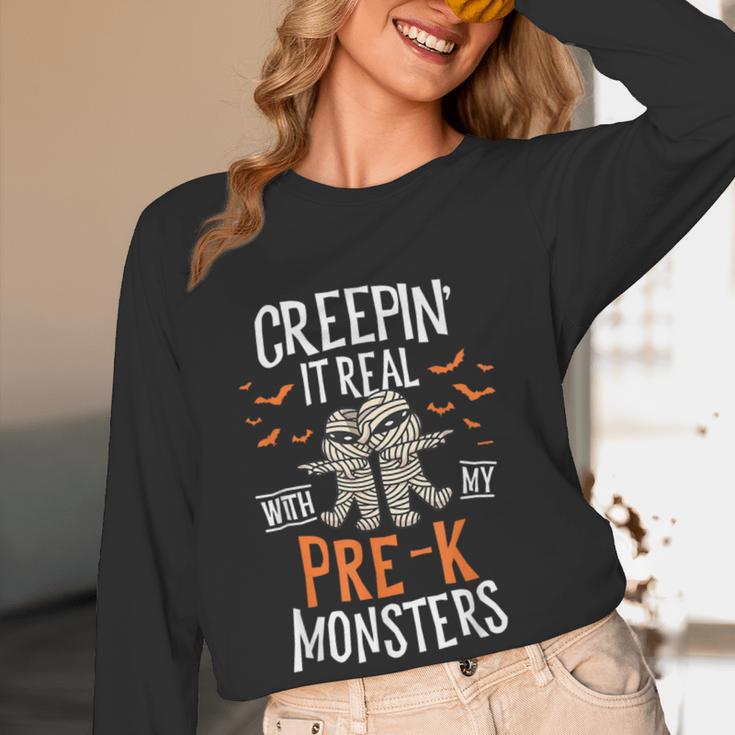 Creepin It Real Pre-K Monsters Halloween Preschool Teacher Women Long Sleeve T-Shirt, novelty gifts, funny gifts