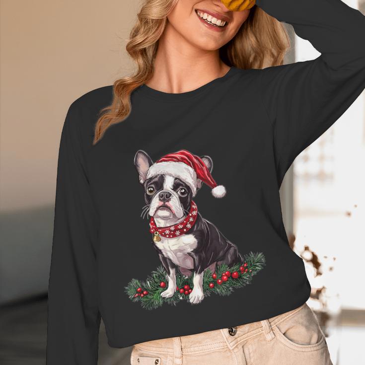 Cute Boston Terrier Dog Christmas Merry X-Mas Graphic Women Long Sleeve T-Shirt, novelty gifts, funny gifts