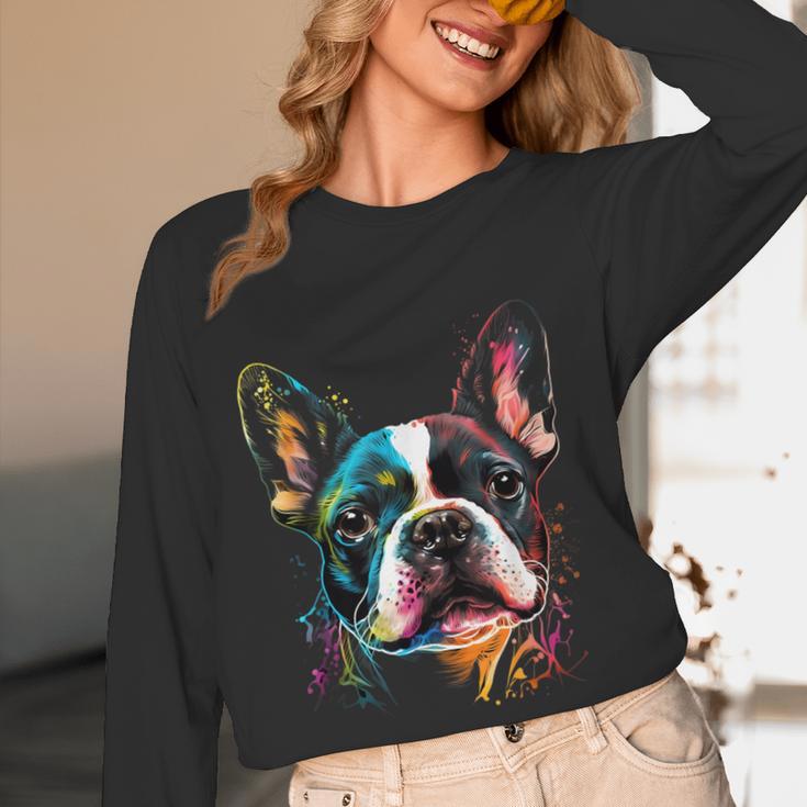 Cute Boston Terrier Puppy Dog Art Lover Unique Painting For Men Women Kids Women Long Sleeve T-Shirt, novelty gifts, funny gifts