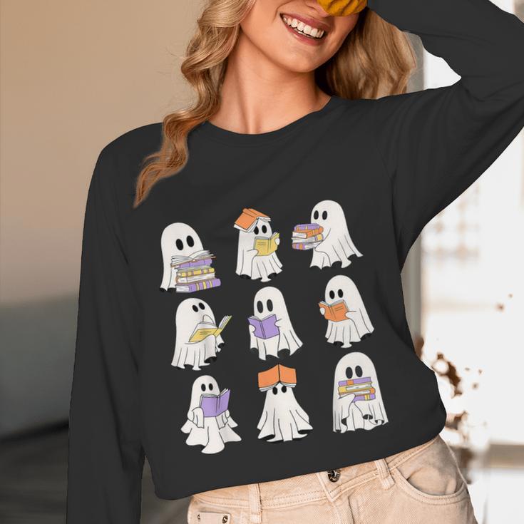 Cute Ghost Reading Books Teacher Halloween Reading Men Women Kids Women Long Sleeve T-Shirt, novelty gifts, funny gifts