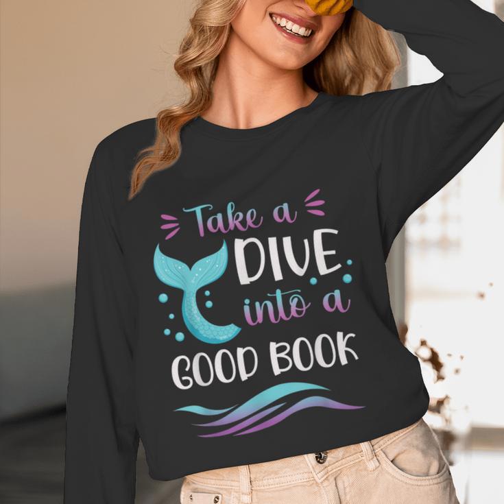Cute Mermaid Librarian Teacher Dive Into A Good Book Reading Women Long Sleeve T-Shirt, novelty gifts, funny gifts