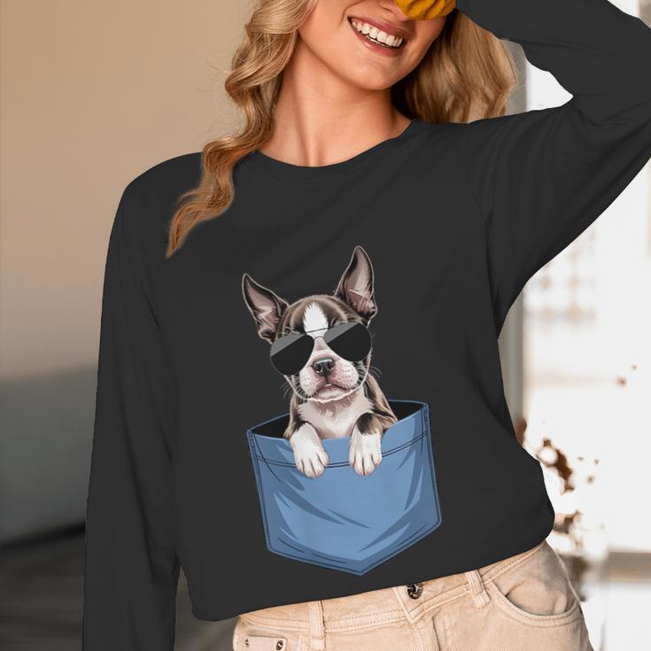 Cute Pocket Boston Terrier Lover Dog Mom Women Long Sleeve T-Shirt, novelty gifts, funny gifts