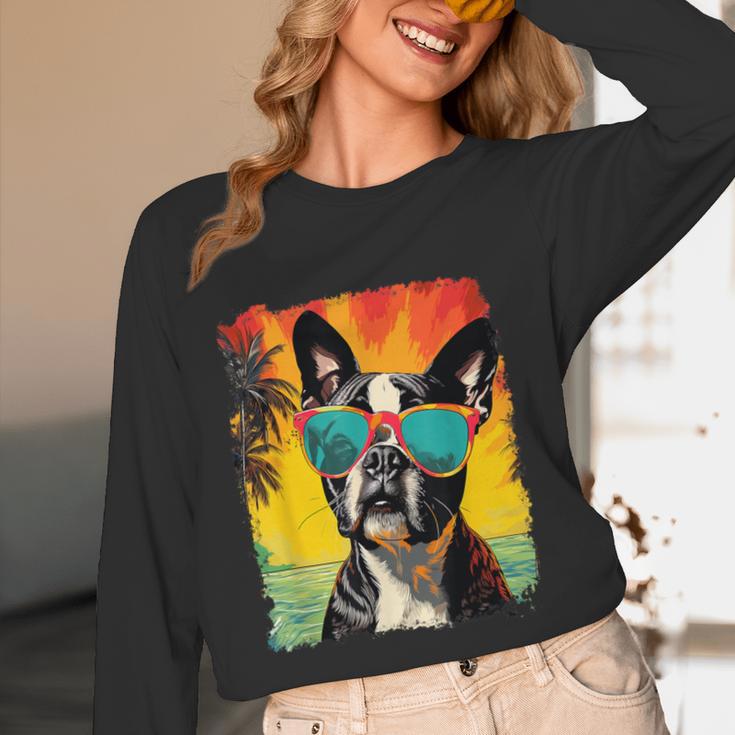 Dog Boston Terrier Hawaiian Women Long Sleeve T-Shirt, novelty gifts, funny gifts