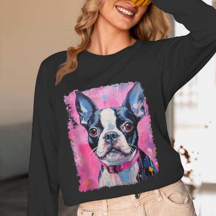 Dog Pink Boston Terrier Women Long Sleeve T-Shirt, novelty gifts, funny gifts