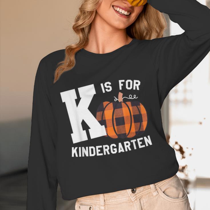 Fall Kindergarten Teacher K Is For Buffalo Plaid Pumpkin Women Long Sleeve T-Shirt, novelty gifts, funny gifts Fall Kindergarten Teacher K Is For Buffalo Plaid Pumpkin Women Long Sleeve T-Shirt, novelty gifts, funny gifts