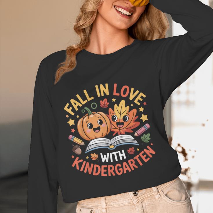 Fall In Love With Kindergarten Autumn Kindergarten Teacher Women Long Sleeve T-Shirt, novelty gifts, funny gifts
