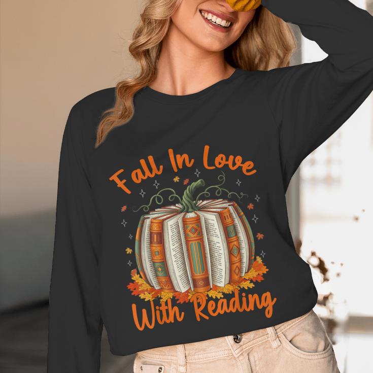 Fall In Love With Reading Pumpkin Autumn Librarians Teacher Women Long Sleeve T-Shirt, novelty gifts, funny gifts