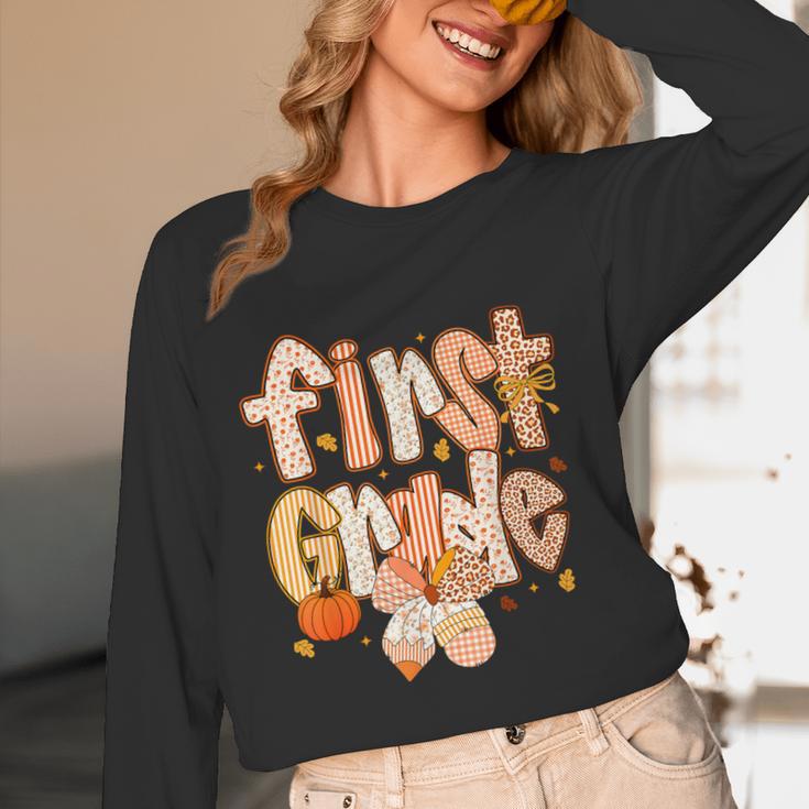 First Grade Fall Floral Coquette Bow Teachers Students Women Long Sleeve T-Shirt, novelty gifts, funny gifts First Grade Fall Floral Coquette Bow Teachers Students Women Long Sleeve T-Shirt, novelty gifts, funny gifts