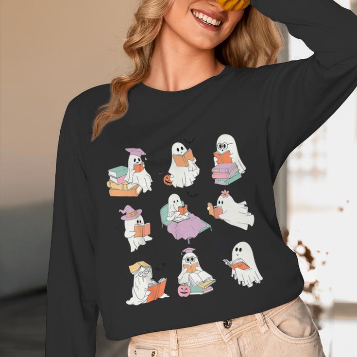 Ghost Book Reading Halloween Books Lover Teacher Kids Women Long Sleeve T-Shirt, novelty gifts, funny gifts
