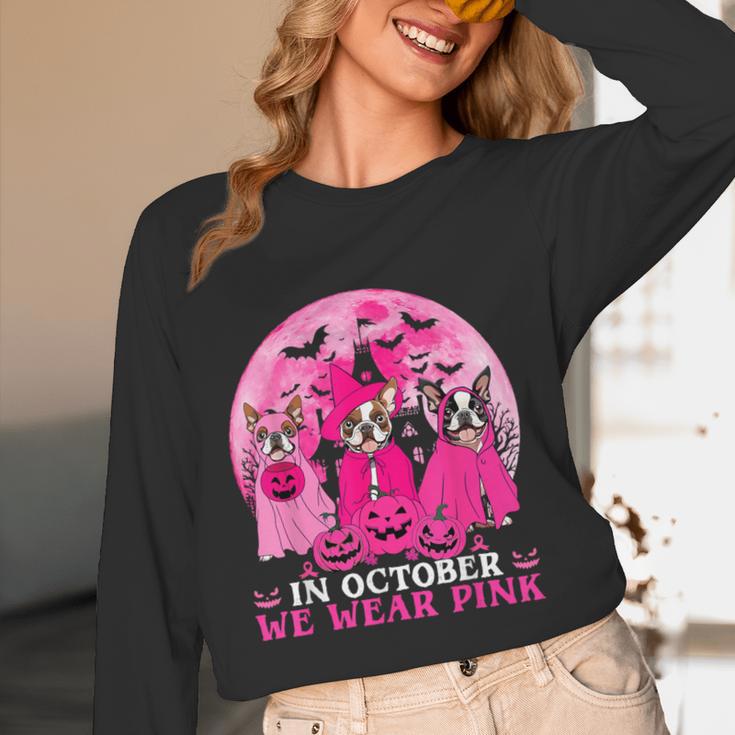 Ghost And Witch Boston Terrier Dog In October We Wear Pink Women Long Sleeve T-Shirt, novelty gifts, funny gifts